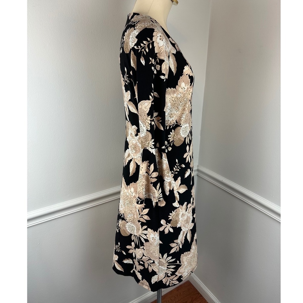 TOMMY HILFIGER Black & Beige Floral Lightweight Shift Dress 3/4 Bell Sleeves | 8 - Picture 7 of 11